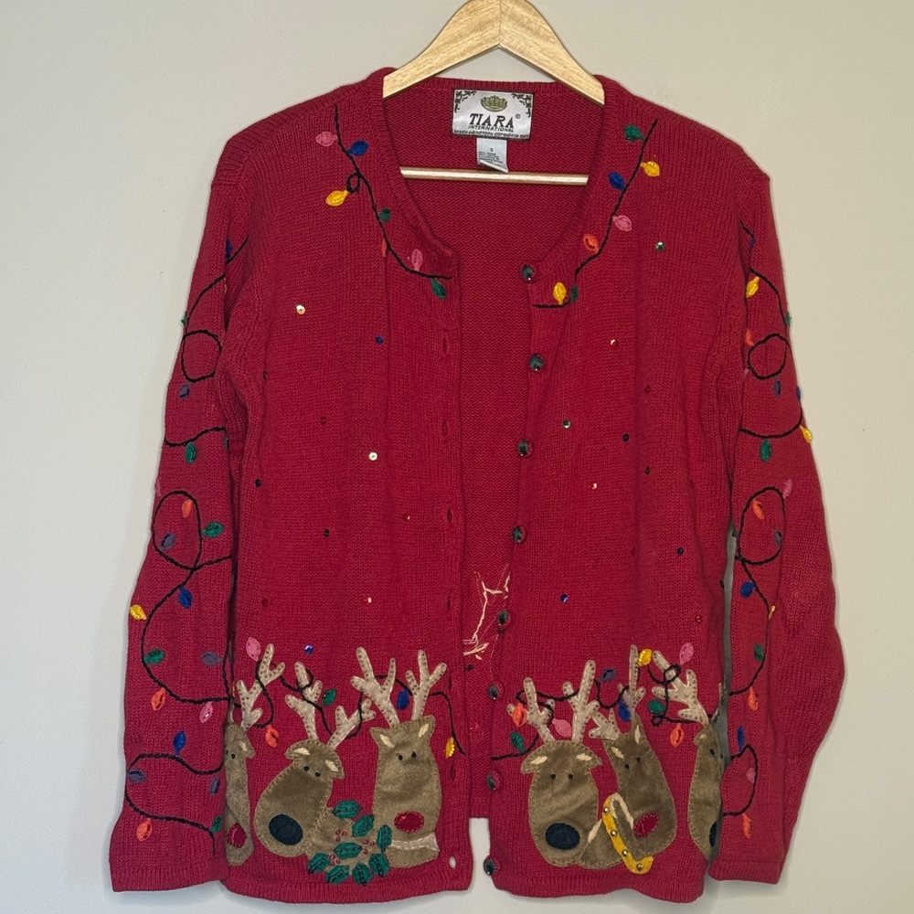 Vintage Ugly Christmas Sweater Tiara International Reindeer & Lights Small Red